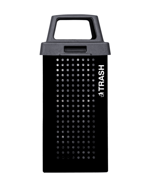 Kaleidoscope Outdoor Trash Receptacle 36 GAL Black Galvanized Steel Drainage Holes on Bottom 1/Each