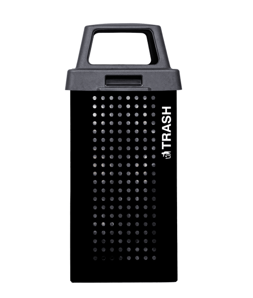 Kaleidoscope Outdoor Trash Receptacle 36 GAL Black Galvanized Steel Drainage Holes on Bottom 1/Each