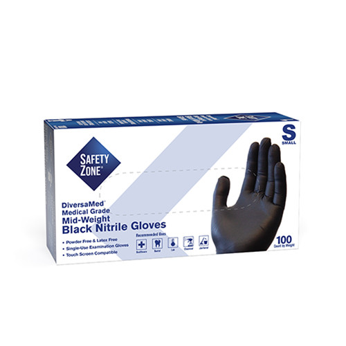 Safety Zone® Examination Gloves Small (SM) Black Mid-Weight Nitrile Powder-Free 100 Count/Box 10 Box/Case