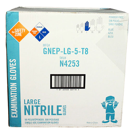 Safety Zone® Exam Gloves Large (LG) 12 IN Blue 8MIL Hvy Nitrile Powder-Free Fentanyl Resistant 50 Count/Box 10 Box/Case