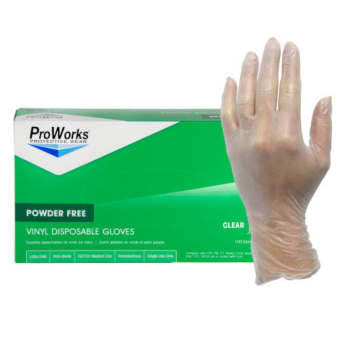 ProWorks® Gloves Medium (MED) Clear 3MIL Vinyl Powder-Free 100 Count/Box 10 Box/Case