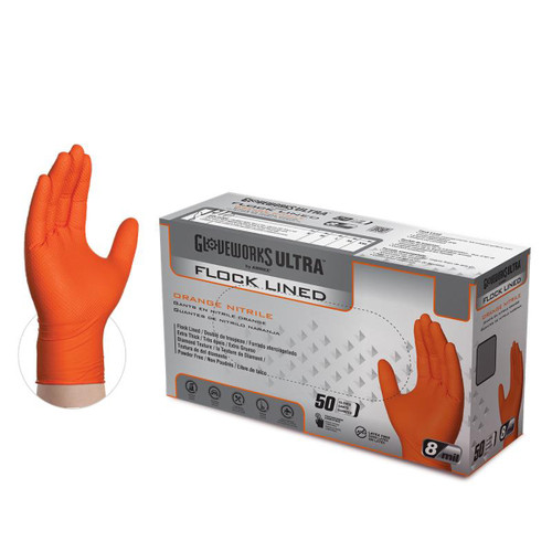 Gloveworks ULTRA™ Gloves XXL Orange 6MIL Nitrile Flock Lined Powder-Free Raised Diamond Grip 50 Count/Box 10 Box/Case