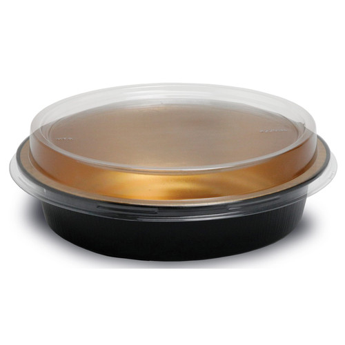 Handi-Max Take-Out Container Base & Lid Combo With Dome Lid 48 OZ Aluminum Plastic Black Gold Clear Round 50/Case