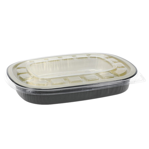 Take-Out Container Base & Lid Combo 22 OZ Aluminum OPS Black Gold Clear Oval Single Serve Size 100/Case
