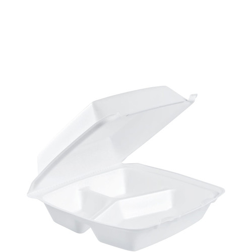 Dart® Take-Out Container Hinged 8.36X7.96X3.2 IN 3 Compartment XPS White Insulated Convertible 100 Count/Pack 2 Packs/Case
