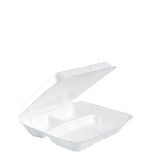 Dart® Take-Out Container Hinged Small (SM) 8X7.5X2.2 IN 3 Compartment XPS White Insulated 100 Count/Pack 2 Packs/Case