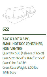 Regal Hot Dog Take-Out Container Hinged Small (SM) 8X4X2 IN Polystyrene Foam White Not Vented 500/Case