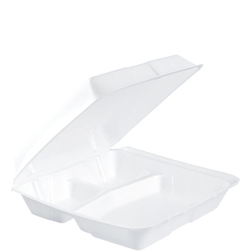 Dart® Take-Out Container Hinged Large (LG) 9.5X9.19X3 IN 3 Compartment XPS White Insulated 100 Count/Pack 2 Packs/Case