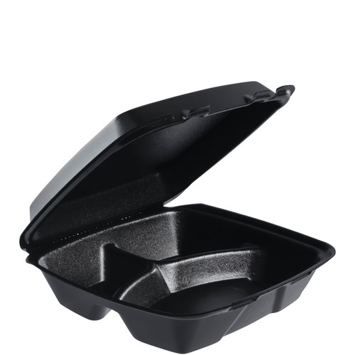 Dart® Take-Out Container Hinged 9.4X9.01X3.1 IN 3 Compartment XPS Black Insulated Convertible 100 Count/Pack 2 Packs/Case