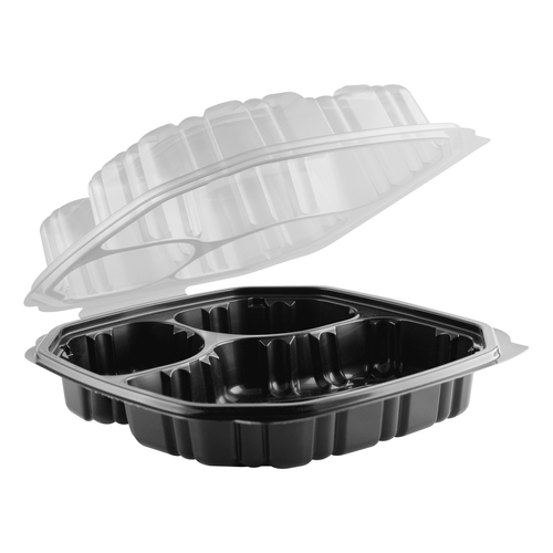 Take-Out Container Hinged 10.5X9.5 IN 3 Compartment Clear Microwave Safe Anti-Fog 120/Case