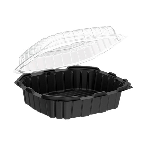 Take-Out Container Hinged With Dome Lid 10.5X9.5 IN PP Black Clear Square Anti-Fog 120/Case