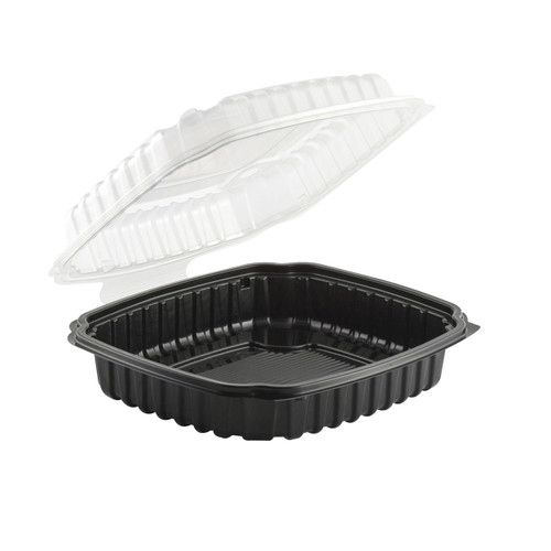 Culinary Basics® Take-Out Container Hinged With Dome Lid 9X9 IN PP Black Clear Square Anti-Fog 100/Case