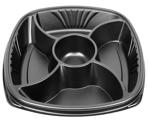 Forum® C-Fine Catering Tray Base 106 OZ 14X14 IN 4 Compartment PS Black Square Deep With Dip Cup 48/Case