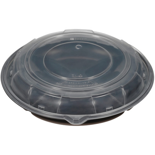Take-Out Container Base & Lid Combo With Dome Lid 10 IN 4 Compartment PP Black Clear Round 25/Case