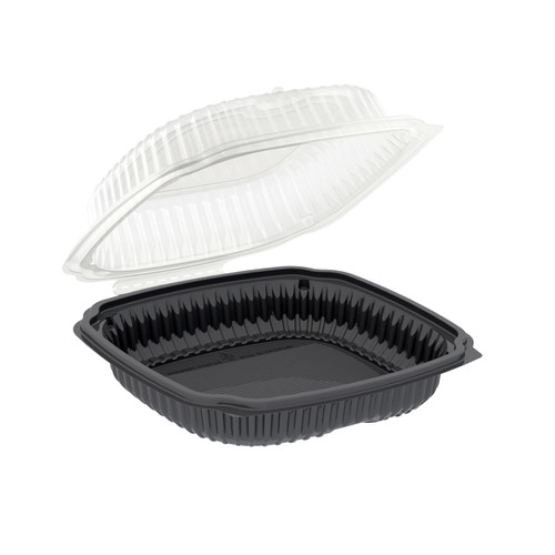 Take-Out Container Hinged With Dome Lid 9X9 IN PP Black Clear Square Convertible Anti-Fog 100/Case