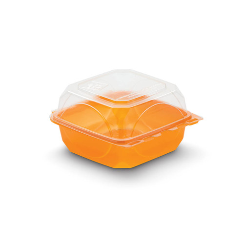 The BOTTLEBOX ® Take-Out Container Hinged With Dome Lid 6X6X3 IN RPET Tangerine Clear Square Squat 250/Case