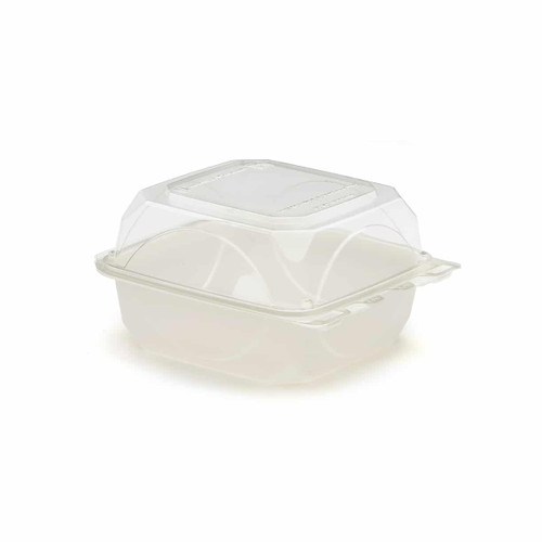 The BOTTLEBOX ® Take-Out Container Hinged With Dome Lid 6X6X3 IN RPET Pearl White Clear Square Squat 250/Case