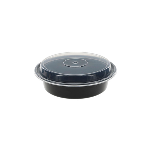 Food Container Base & Lid Combo With Plastic Dome Lid 24 OZ PP Black Clear Round 150/Case