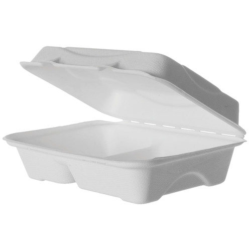 Take-Out Container Hinged 9X6X3 IN 2 Compartment Sugarcane White Rectangle 250/Case