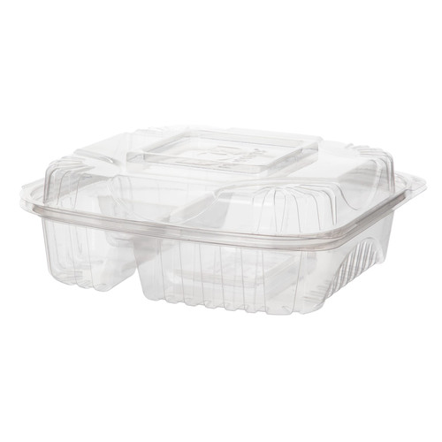 Take-Out Container Hinged 8X8X3 IN 3 Compartment PLA Clear Square 160/Case
