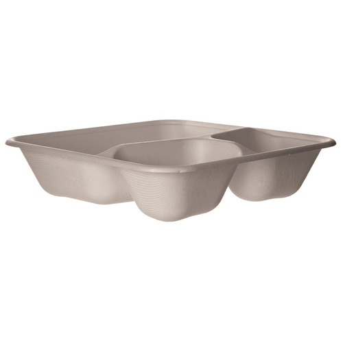 Take-Out Container Base 9X9X3 IN 3 Compartment Sugarcane Kraft Square 200/Case