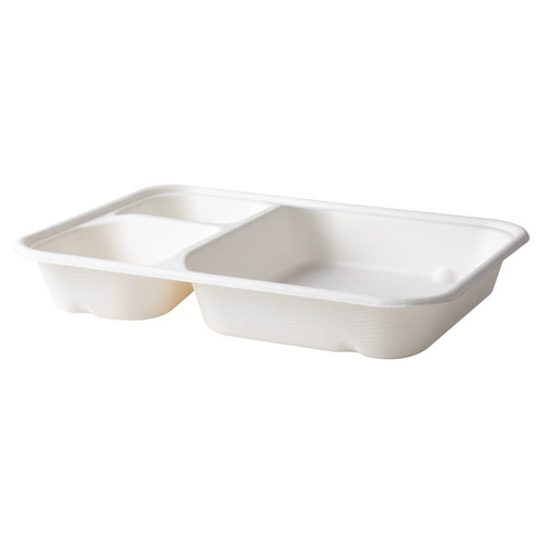WorldView Take-Out Container Base 6X8 IN 3 Compartment Bamboo Sugarcane White Rectangle 400/Case