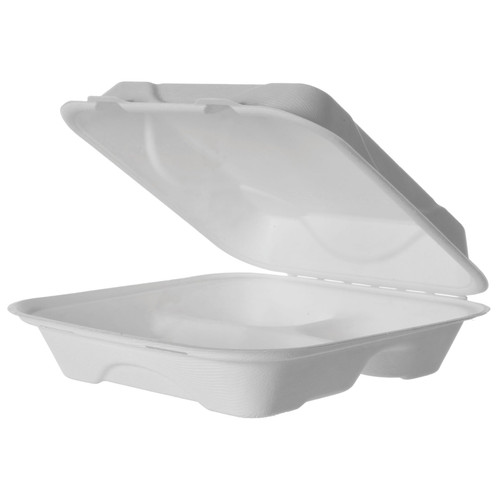 Take-Out Container Hinged 9X9X3 IN 3 Compartment Sugarcane White Square 200/Case