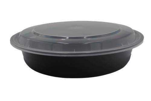 Take-Out Container Base & Lid Combo 48 OZ Plastic Black Clear Round Deep 150/Case