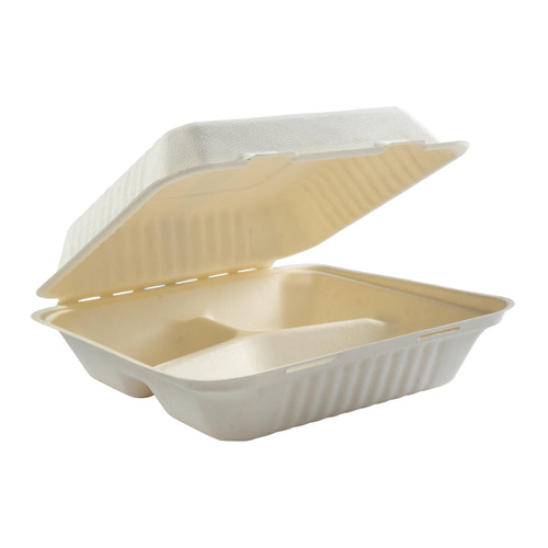 PrimeWare® Take-Out Container Hinged 9X9X3.19 IN 3 Compartment Molded Fiber PLA White 80 Count/Pack 2 Packs/Case
