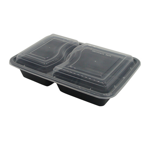 Take-Out Container Base & Lid Combo 42 OZ 3 Compartment Black Rectangle Heavy Duty 150/Case