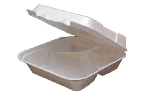 Take-Out Container Hinged 8X8X3 IN 3 Compartment Polystyrene Foam White 200/Case