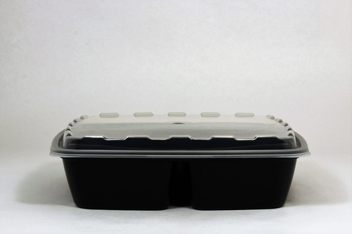 Take-Out Container Base & Lid Combo 9X9X2 IN 3 Compartment Plastic Black Clear Square 100/Case