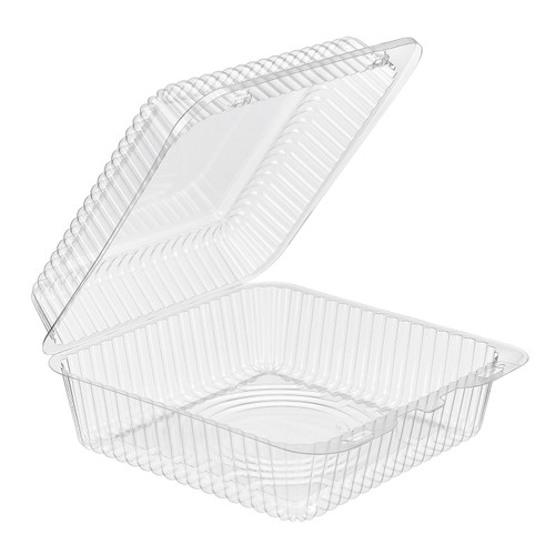 Essentials SureLock Take-Out Container Hinged 8.25X8.75X3.5 IN RPET Clear Rectangle Heavyweight 184/Case