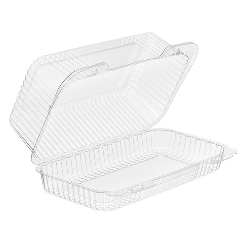 Essentials Take-Out Container Hinged With Dome Lid 9.5625X5.5X3.625 IN RPET Clear Rectangle Shallow 192/Case