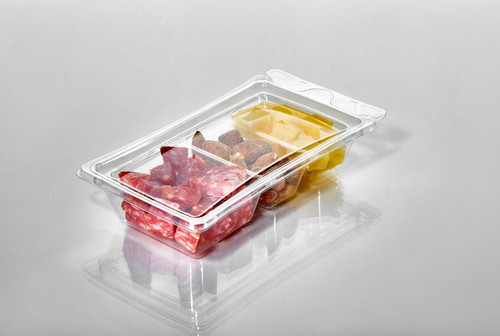 Fresh N' Sealed® Deli Container Hinged With Flat Lid Small (SM) 6 OZ 3 Compartment PET Clear Rectangle 336/Case