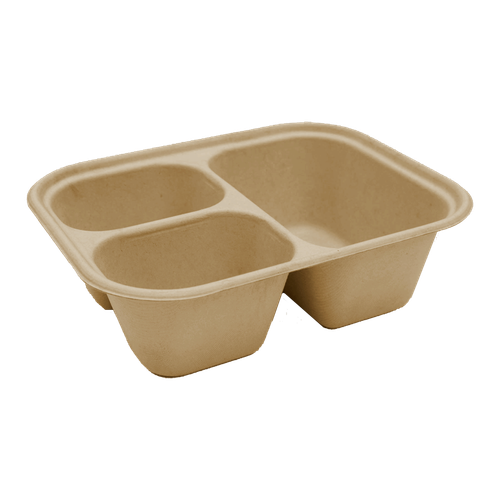 Take-Out Container Base 9.8X7.6X3 IN 3 Compartment Pulp Fiber Kraft Rectangle 300/Case
