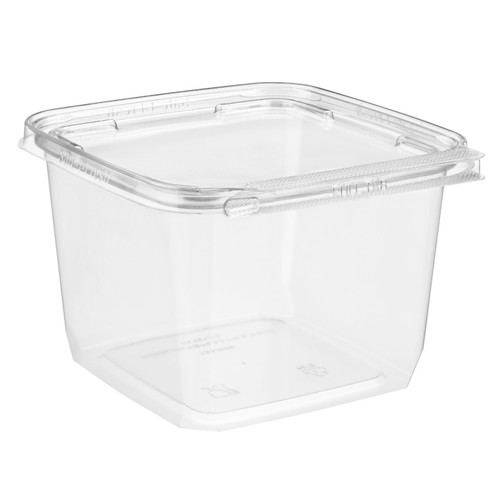 Safe-T-Fresh® Deli Container Hinged With Flat Lid 48 OZ RPET Clear Square Tamper-Evident 216/Case