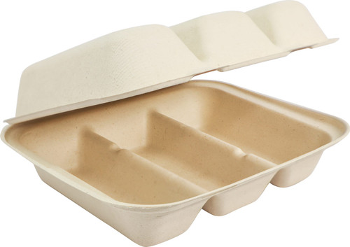 Taco Take-Out Container Hinged With Dome Lid 8.3X7X3.2 IN 3 Compartment Pulp Fiber Kraft Rectangle 300/Case