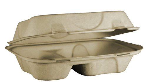 Take-Out Container Hinged 9X6X3 IN 2 Compartment Plant Fiber Bamboo Natural Rectangle Freezer Safe Soak-Proof 500/Case