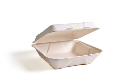 Take-Out Container Hinged 9X9X3 IN 3 Compartment Sugarcane Natural 300/Case