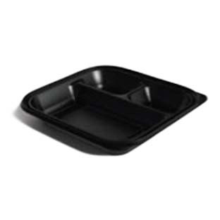 Thermosource Tooling Take-Out Container 9.25X9.25X1.5 IN 3 Compartment PP Black Microwave Safe 400/Case
