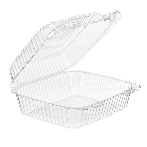 Essentials Take-Out Container Hinged With Dome Lid 8.4375X7.9375X3.3125 IN RPET Clear Rectangle Bar Lock 200/Case