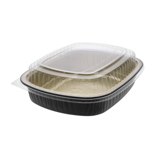 Take-Out Container Base & Lid Combo With Dome Lid 46 OZ Aluminum OPS Black Gold Clear Oval 50/Case