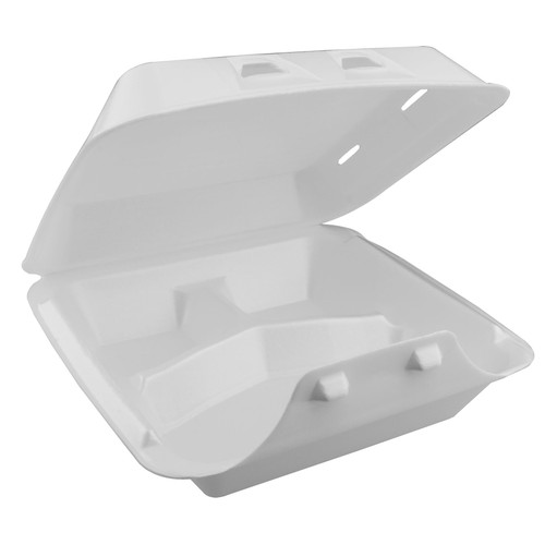 SmartLock® Take-Out Container Hinged With Dome Lid 9X9.3X3.3 IN 3 Compartment Polystyrene Foam White Square 150/Case