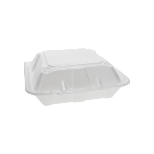 Take-Out Container Hinged With Dome Lid 9.1X9X3.3 IN 3 Compartment Polystyrene Foam White Square Closing Tabs 150/Case