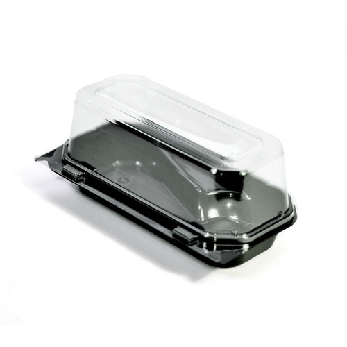 The BOTTLEBOX ® Cake Slice Cheesecake Container & Lid Combo 16-32 OZ 8.76X4.8X3.68 IN PET Clear Black Rectangle 600/Case