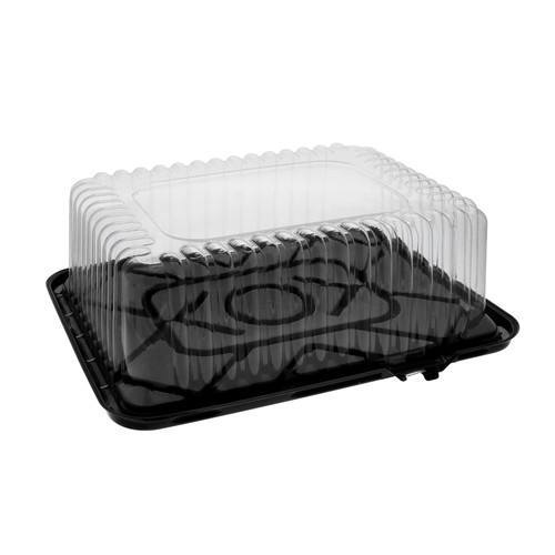 Cake Container & Lid Combo With Dome Lid 1/8 Size 11X9X3.5 IN PET Clear Black Rectangle Fluted 100/Case