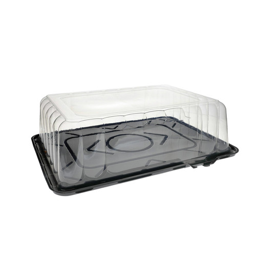 RoseDome Cake Container & Lid Combo With Dome Lid 1/4 Size 15X11X4.25 IN PET Black Clear Rectangle Long Tab 50/Case