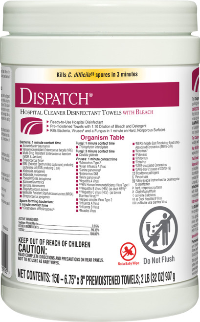 Dispatch® Fruity Floral Bleach Disinfectant Multi Surface Wipe Bleach Antibacterial 150 Count/Pack 8 Packs/Case