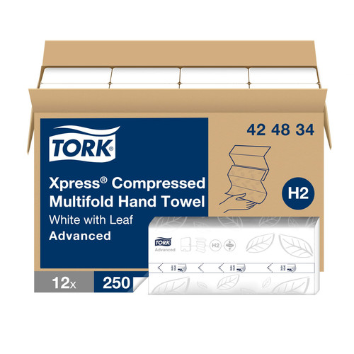 H2 Folded Paper Towel 9.45X8.3 IN 3.15X8.3 IN White Multifold Embossed Refill Compressed 250 Count/Pack 12 Packs/Case